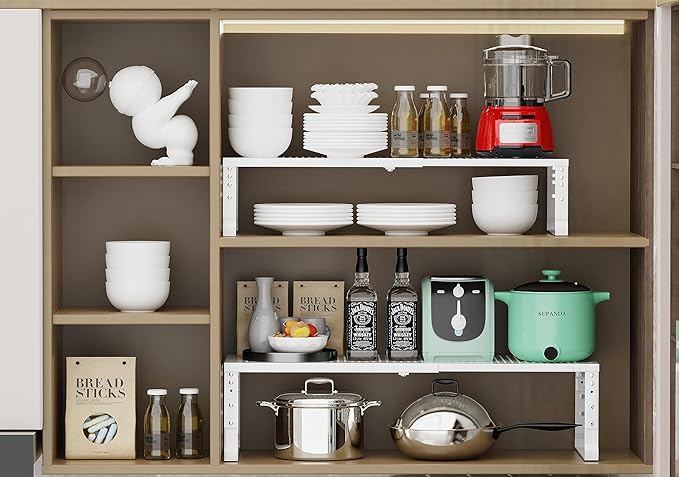 Jojocross Expandable Adjustable Stackable Kitchen Organizer, Spice Rack,Metal Pantry Storage Shelves Racks,Counter Shelf for Cabinets, Countertop, Cupboard(2 Packs/Large/White)