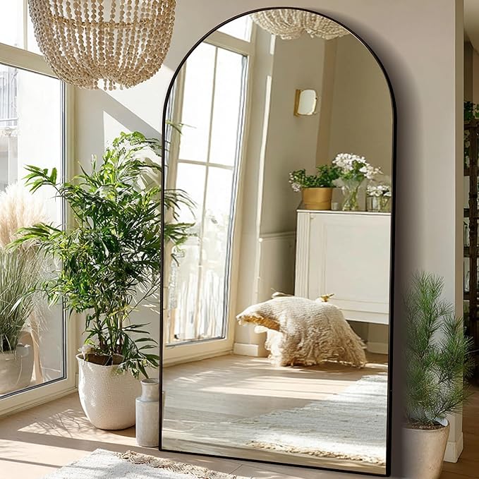 Beauty4U 79" x 39" Arched Full Length Mirror with Stand, Large Floor Mirror Full Body Tempered Glass, Black Metal Frame Standing, Leaning or Wall Mounted Mirror for Bedroom, Living Room, Dressing Room