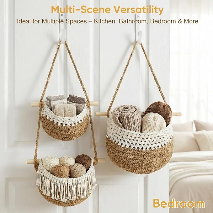Boho Style Handwoven Rope Hanging Basket - 3-Tier Detachable Storage Organizer for Kitchen/Bathroom/Entryway, 3 Included Heavy-Duty Hooks, 7 Color Options Available (Green&White)