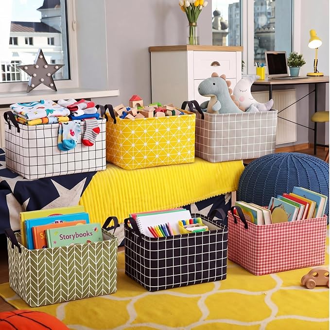 CHENGU 6 Pack Storage Basket with Handle Collapsible Canvas Bin for Gifts Plaid & Geometric Pattern Clothing Storage Bin Large Foldable Basket for Shelves, Closet, Nursery, Home Organization, 6 Colors