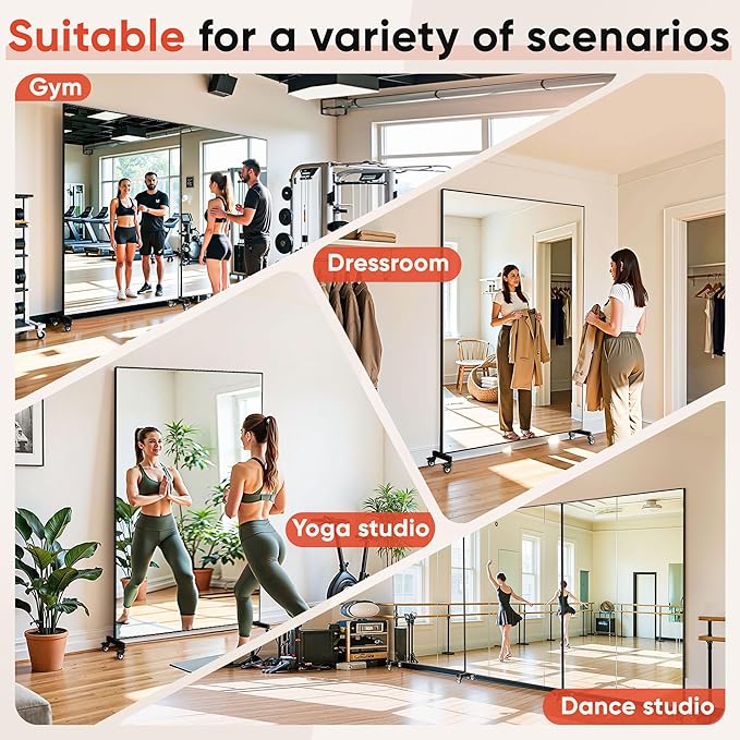 Suidia 72"x40" Extra Large Full Length Mirror on Wheels, 360° Swivel Rolling Mirror Floor, HD Tempered Glass Full Body Standing Mirrors for Home Gym, Yoga, Dance Studio, Bedroom, Rectangular, Black