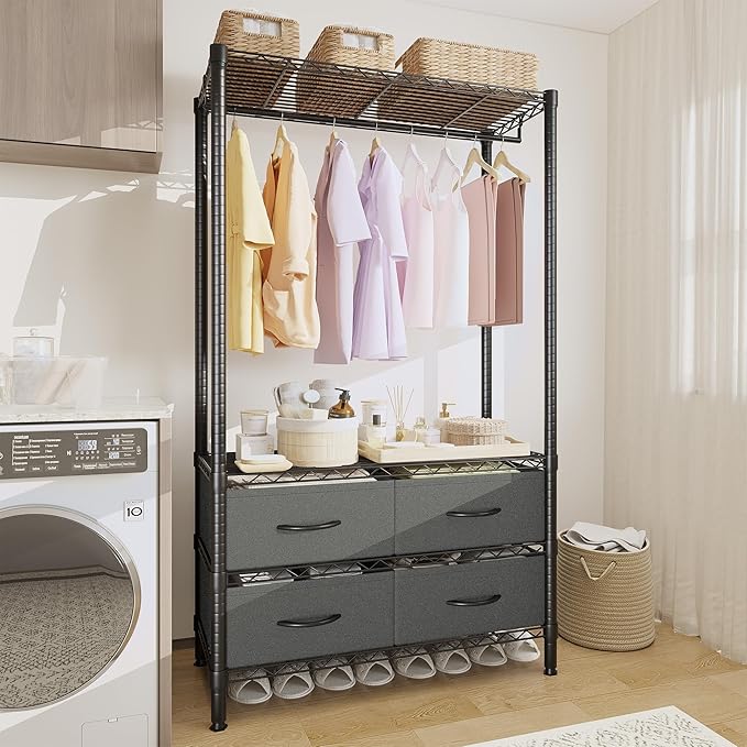 35-Inch Freestanding Garment Rack with Adjustable Shelves and Four Fabric Drawers, Heavy Duty Clothing Organizer for Bedroom, Closet, or Dorm, Black
