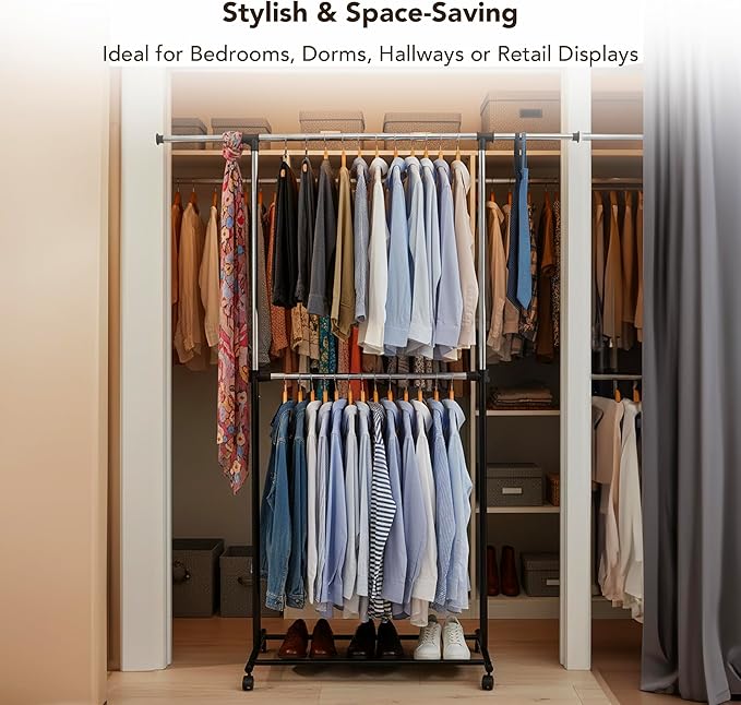Displays By Jack Double Rail Clothes Rack, Adjustable Rolling Garment Rack on Wheels – Extendable Hanging Rods & Bottom Shelf for Bedroom, Laundry Room, Dorm, Retail