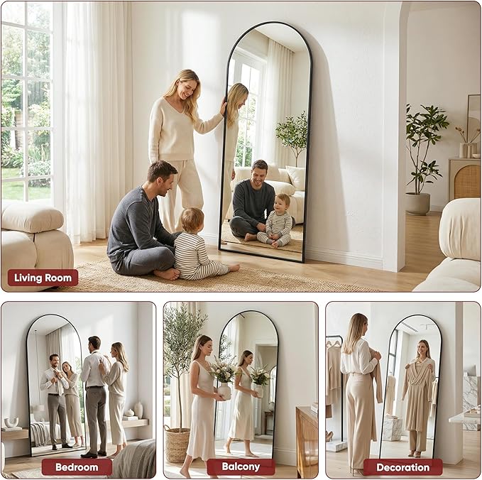 Antok Full Length Floor Mirror Arched Standing Mirror with Aluminum Frame - Freestanding Wall Mount Leaning Body Mirror for Bedroom Living Room Entryway, 71" L x 28" W, Black