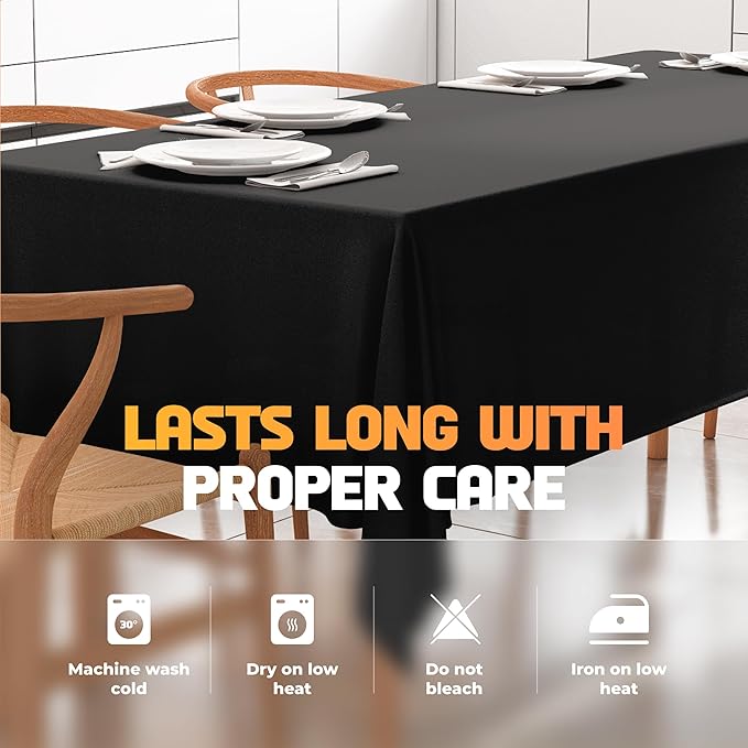 White Classic WEALUXE Black Table Cloth for 6 Foot Rectangle Tables, 60x102 inches, Water, Stain and Wrinkle Resistant, 200 GSM Washable Poly Fabric Tablecloth Rectangular, Elegant and Durable