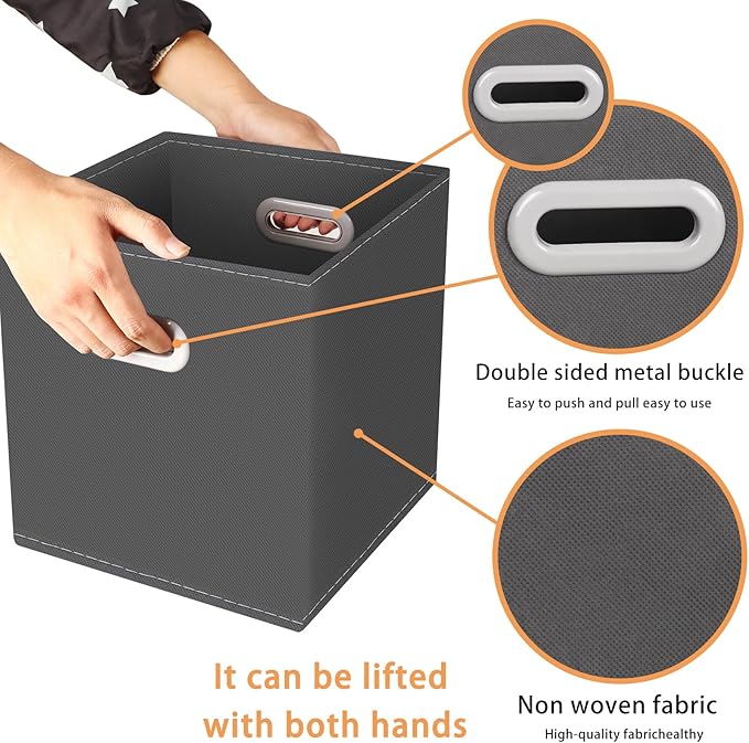 Yunkeeeper storage bins Cubes, Fabric Cube Organizer with Handle, Foldable Cube Bins for Cloth or Accessary Storage, 11x11x11, Set of 3,(Gray)