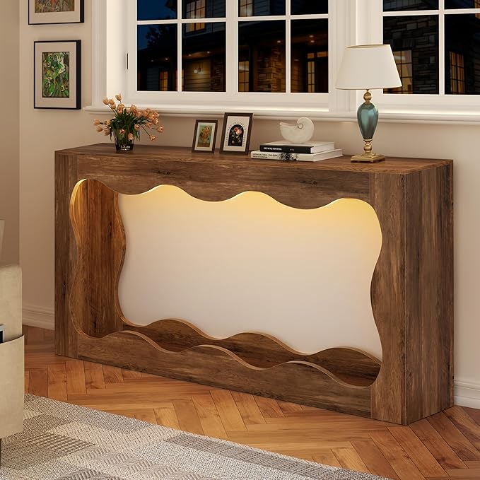 Vongrasig 63-Inch Farmhouse Entryway Table with Light Strips, Scalloped Console Table with Built-in Storage, Narrow Long Behind Couch, Wooden Curvilinear Sofa Table for Entrance, Hallway, Brown