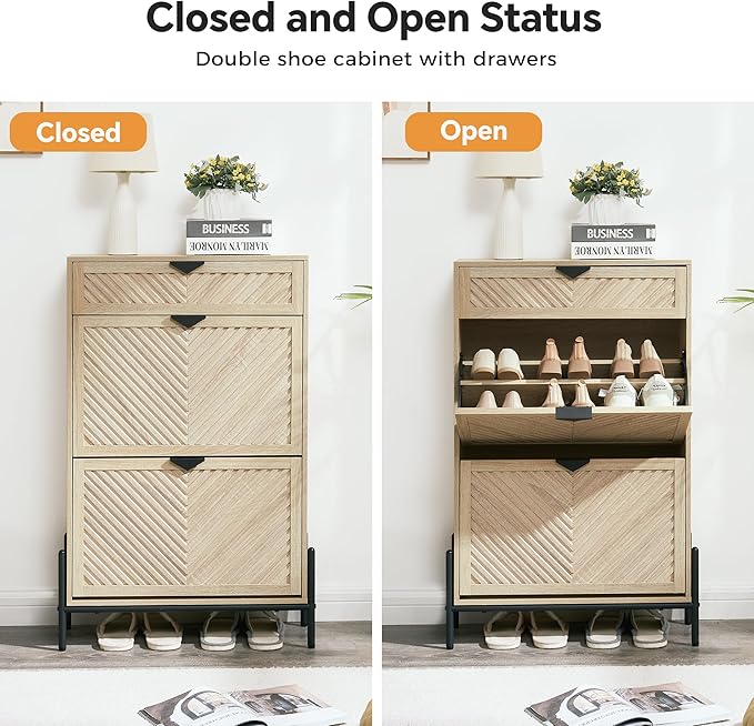 Shoe Cabinet Storage with 2 Flip Drawers, Narrow Hidden Shoes Cabinet Organizer for Entryway, Freestanding Slim Shoe Rack Front Door Entrance(Oak)
