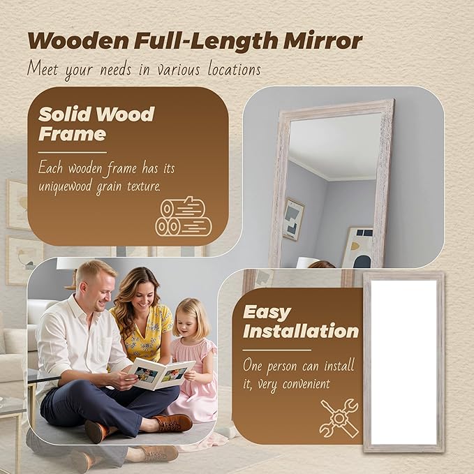 Antok Full Length Mirror with Solid Wood Frame, 81"×41" Wall Mounted Oversized Floor Mirror with Stand, Leaning Standing Hanging for Bedroom Living Room Entryway, White, Rect Style