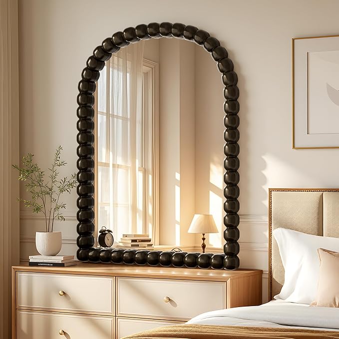 30"×38" Bronze Arched Bathroom Vanity Mirror, Vintage Beaded Decorative Wall Mounted Makeup Mirror, as Wall Decor Hanging Leaning for Fireplace Mantle, Living Room, Bedroom, Vanity Area