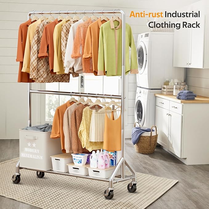 AOODA 50'' W Heavy Duty Clothes Rack for Hanging Clothes, Double Rods Industrial Clothing Rack with Wheels, Sturdy Rolling Garment Rack for Shirts, Coats, Jackets (Silver)
