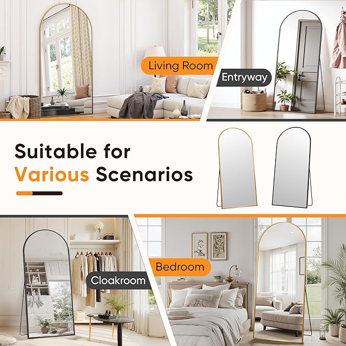 Suidia Full Length Mirror, 78"x38" Floor Standing Mirror Freestanding, Full Body Mirrors with Stand for Bedroom, Hanging Mounted for Living Room Cloakroom, Gold, Arched Style