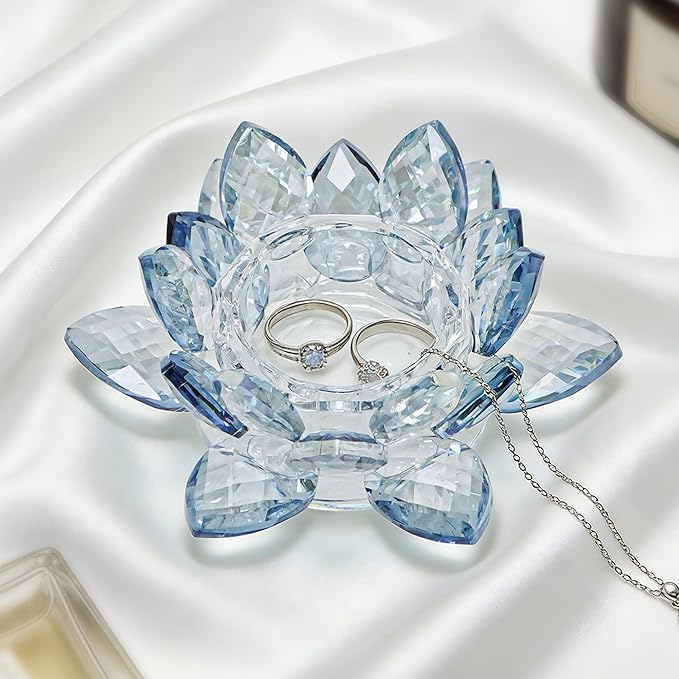 Crystal Flower Jewelry Tray, Luxury Transparent Decorative Trinket Dish for Rings, Earrings, Necklaces, Keys for Vanity Dresser Nightstand, Elegant Gift for Women Mother's Day (1, 4.4"(w) - Blue)