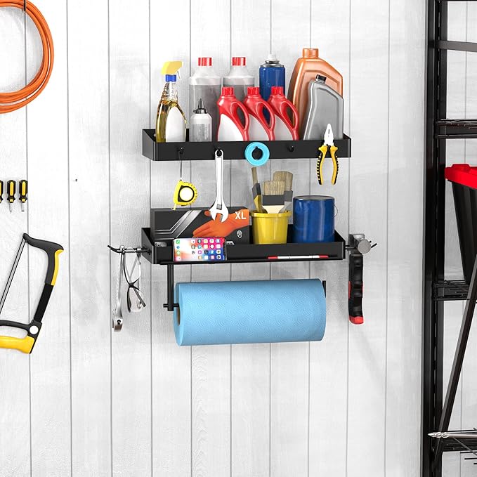 Taozun Garage Paper Towel Holder, 2 Pack Garage Organization, 12" Paper Towel Holder, Shop Shelf Wall Mount with 8 Hooks for Tool Room(Black)