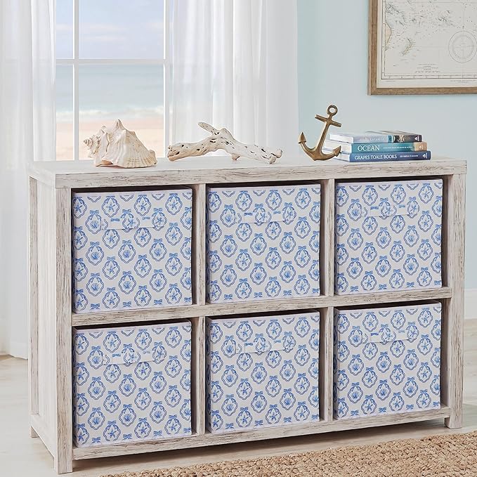 Geelin 6 Pcs Blue Bow Seashell Storage Bins 11 Inch Blue Storage Basket with Handle, Preppy Girls Organizer Basket, Collapsible Fabric Box for Classroom Bedrooms Office Home Decoration Gift