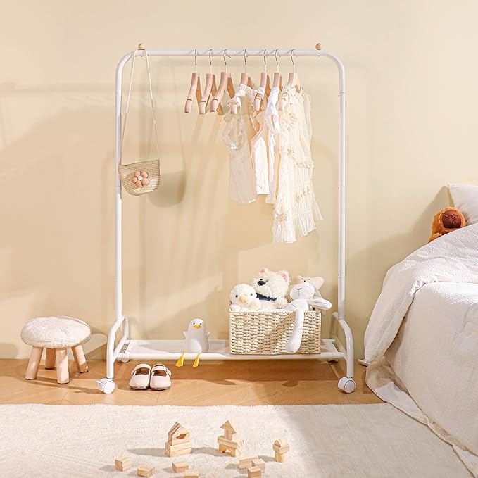 YGJT Kids Clothing Rack, Baby Clothes Racks for Hanging Clothes with Wheels and Bottom Storage Shelf, Small Toddler Garment Rack Kids Dress Up Storage Wardrobe for Coats, Skirts, Dance Costume(White)