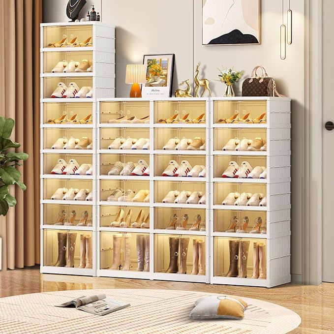 CIMLORD 6-Tier Foldable Shoe Rack Organizer for Closet 12Pairs Plastic Shoe Shelf Collapsible Shoes Storage Box Clear Shoe Boxes Stackable with Door Easy Assembly Shoe Cabinet with Lids Large