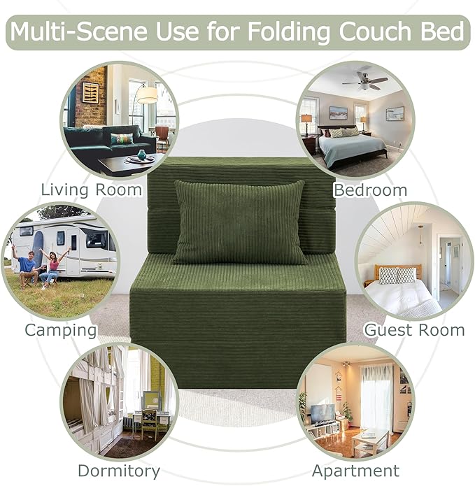 Folding Sofa Bed, 4 in 1 Convertible Sleeper Chair with Pillow, Single Memory Foam Fold Out Chair Bed, Modern Floor Futon Sofa Couch Mattress for Living Room/Guest/Apartment, Green | Convertible