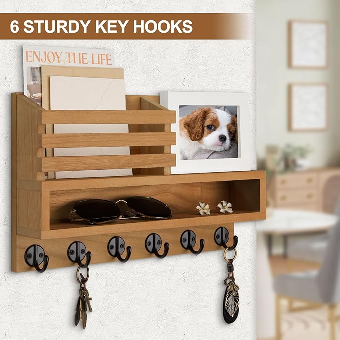 Key and Mail Holder Wall Mount, Key Hanger with Long Storage Box and Key Hooks for Coat, Dog Leash, Home Decor Rack, House Accessories, Entry Way Organizer