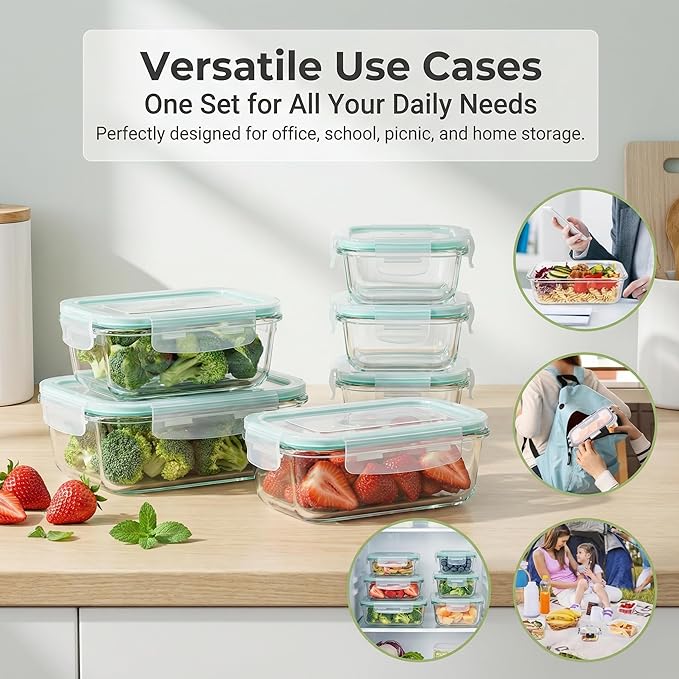 8 Pack Glass Food Storage Containers,Glass Meal Prep Containers with Lids,Airtight Glass Lunch Boxes,Leakproof Food Containers,Stackable Glass Storage Set,Microwave Safe Glass Containers,BPA Free