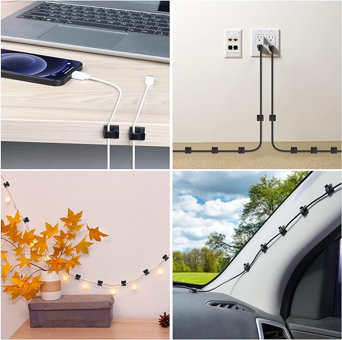60 PCS Adhesive Cable Clips, Upgraded Wall Wire Clips for Cable Management, Strong Cord Clips Wire Holders for The Wall, Under Desk, Christmas Lights, Car, Dash Cam, Ethernet, Electric Wires Small