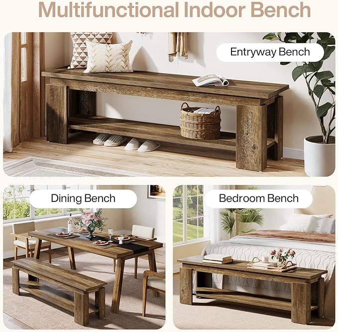 Tribesigns 63" Long Entryway Bench, Rustic Wooden Shoe Bench with Storage Shelf, Farmhouse End of Bed Bench for Hallway, Living Room, Mudroom, Brown