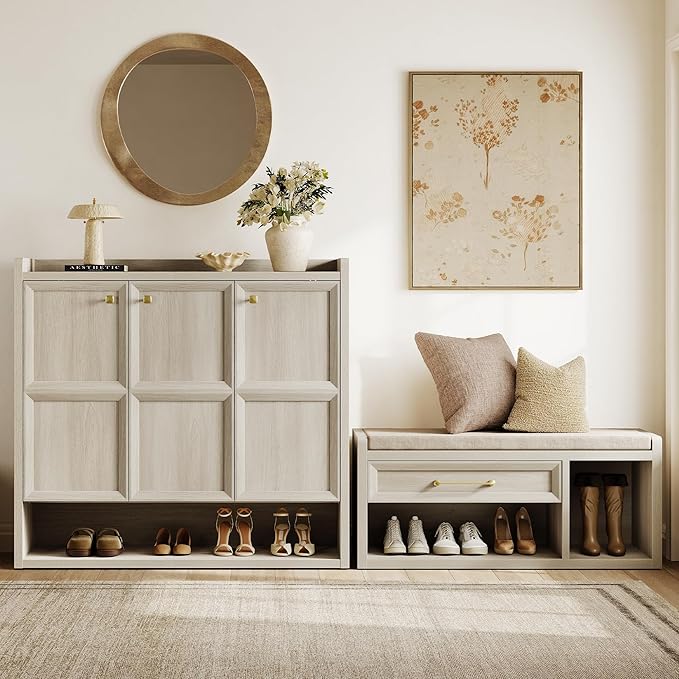 SICOTAS Shoe Bench with Storage, Farmhouse 43.3" Extra Wide Entryway Bench with Cushion, Drawer & Tall Boot Shelf, 18.9" Comfort Height Seat, Large Shoe Organizer for Hallway Bedroom, Grey White Oak