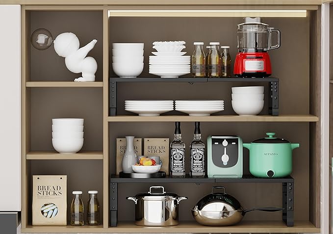 Jojocross Expandable Adjustable Stackable Kitchen Organizer, Spice Rack,Metal Pantry Storage Shelves Racks,Counter Shelf for Cabinets, Countertop, Cupboard(1 Pack/Medium/Black)