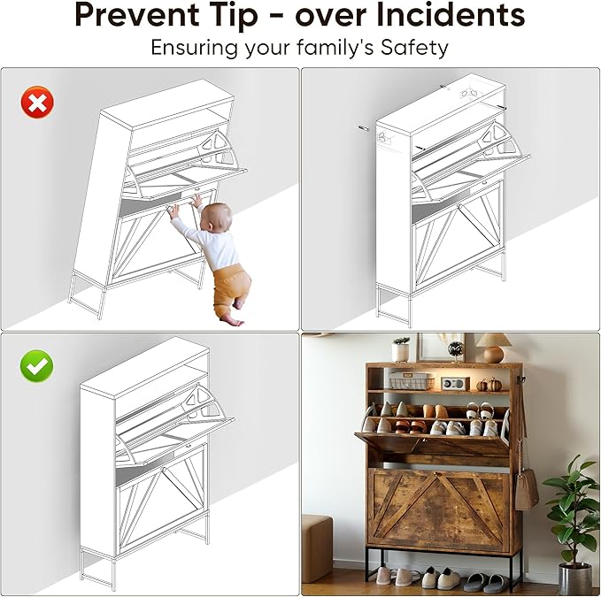 PARTPHONER Shoe Storage Cabinet with 2 Flip Drawers, Modern Hidden Shoe Storage Organizer, Narrow Wooden Freestanding Shoe Rack with Motion Sensor Light for Entryway, Hallway, Foyer, Rustic Brown