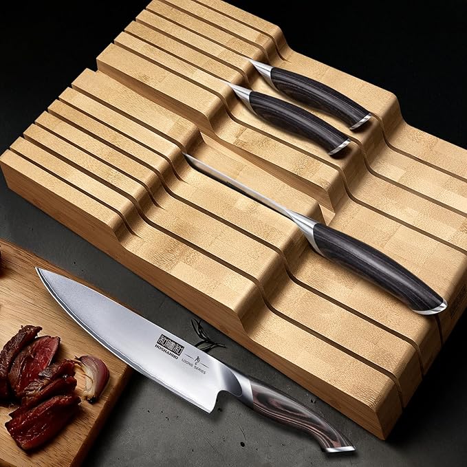 HOSHANHO In-Drawer Knife Block, Large Bamboo Knife Drawer Organizer for 12 Knives, Kitchen Steak Knife Holder for Sharpening Steel, Natural (Knives & Sharpening Not Included)