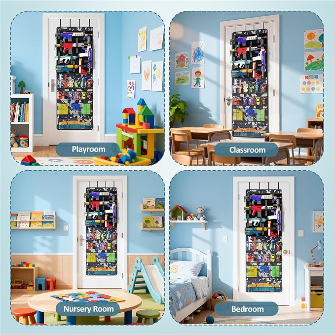 Over The Door Organizer for Toy Guns, Toy Storage, Toys Organizer with Pockets, Hook&Loop Straps for Foam Blasters, Darts, Goggles, Hanging Toys Gun Storage for Kid Rooms, Play rooms, Camouflage