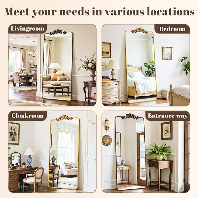 Vintage Full Length Mirror, 76"x34" Floor Mirror with Carved, Full Body Mirrors for Home Decor, Standing/Hanging Large Wall Mirrors for Bedroom/Living Room/Entryway, Bronze, Retro Style