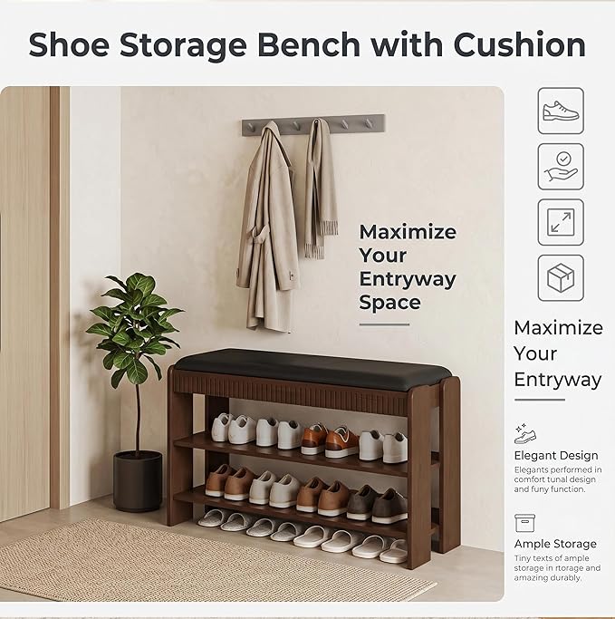 Shoe Bench with Cushion, Solid Wood 2 Tier Adjustable Storage Shoe Bench Rack for Entryway, Bedroom, Closet, Living Room, Hallway