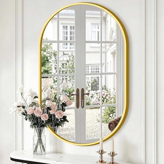 TRAHOME Oval Bathroom Mirror, 24"x36" Gold Vanity Mirror for Over Sink, Bedroom, Living Room, Entryway, Modern Mounted Metal Frame Wall Mirror