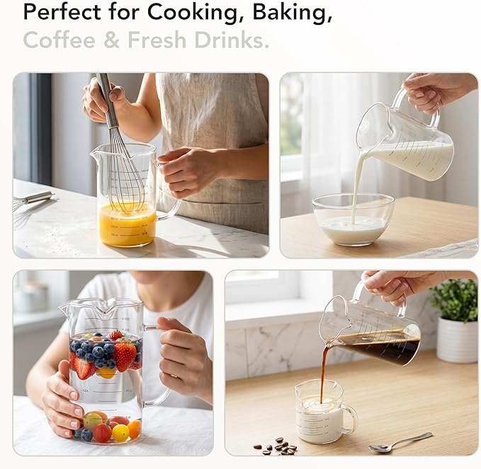 Genicook Glass Measuring Cups Set of 2 (16.9oz & 33.8oz), Borosilicate Glass Measuring Cup with 3 Pour Spouts, Liquid Measuring Cup for Baking Cooking, Microwave & Oven Safe