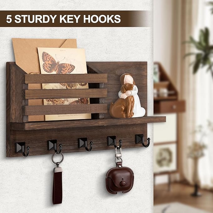 Key Holder Wall Mount, Mail Organizer for Wall with 5 Square Rustic Key Hooks Key Shelf Farmhouse Home Decor for Entryway