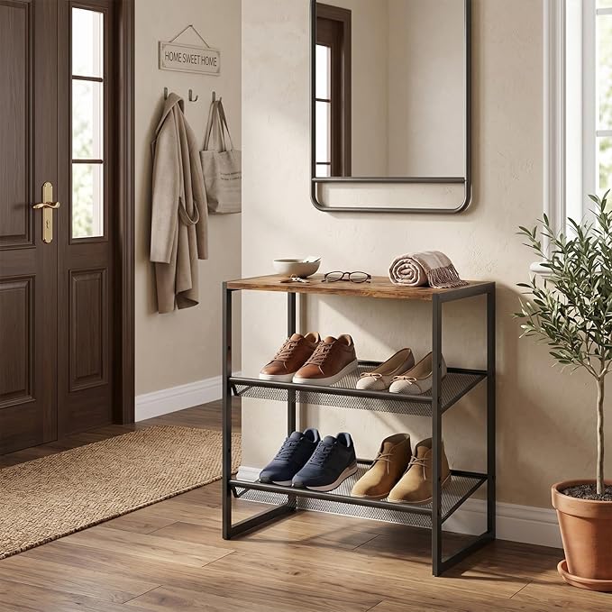 Shoe Rack,3 Tier Shoe Storage Organizer,Sturdy Shoe Shelf,Boot Rack with a Fine Mesh Shelves,for Entryway, Living Room, Hallway,Small Space,11.8 x 16.5 x 19.7 Inches,Brown