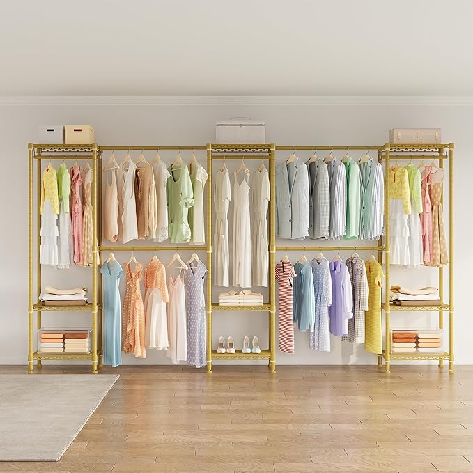 Higeego Large Clothes Rack, Clothing Rack for Hanging Clothes, Heavy Duty Garment Rack, Freestanding Wardrobe Closet with Extendable Hanger Rods, Width from 7.8 to 10.8 ft, H11 Gold