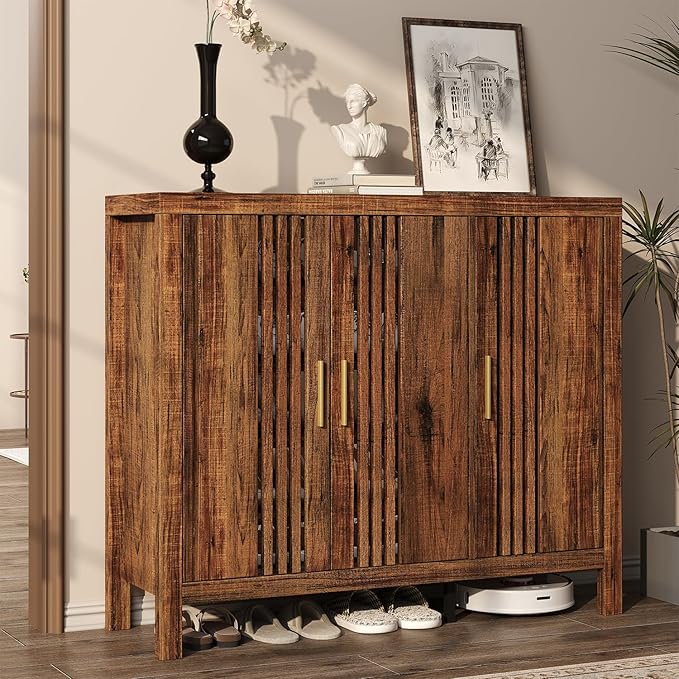 UNIQUITE Wooden Shoes Cabinet with 3 Doors and Adjustable Shelves, Retro Freestanding Shoe Organizer Cabinet for Entryway Hallway Living Room, 5-Tier Shoe Cabinet for 30 Pairs, Dark Walnut