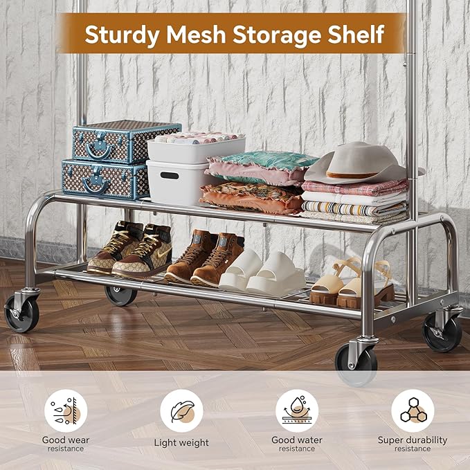 Simple Trending Heavy Duty Clothes Rack, Garment Rack with Extendable Side Rods & Botton Shelves, 25mm Metal Clothing Rack with Wheels, Bedroom, Laundry Room, Silver