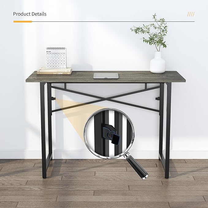 Lutown-Teen 47 inch Folding Desk, Writing Gaming Computer Camping Table, No Assembly Required Home Office Desk, Black Oak