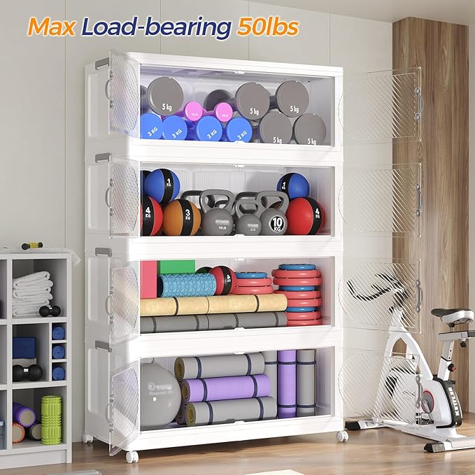 480QT Extra Large Stackable Storage Bins with Lid & Wheels & Doors, 120Gal Foldable Collapsible Closet Organizers, Plastic Cabinet Box Container Drawer for Home Kitchen Bedroom, 3Pack White