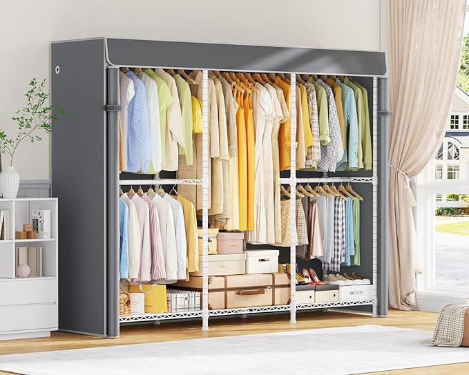 ULIFHOME E14C Pro Heavy Duty Closet Organizer System,Freestanding Clothing Racks for Hanging Clothes,Adjustable Garment Rack 69" W × 16" D × 77" H Hold 960 lbs,White Rack with Grey Dustproof Cover