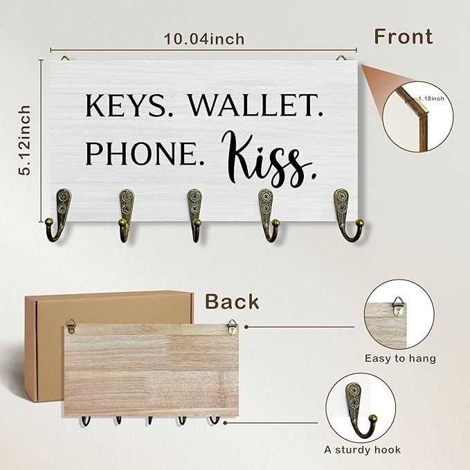 Keys Wallet Phone Kiss Key Holder for Wall 10"x5.12", Entryway Key Hanger Wall Mount, Gifts for Couples Family Cute House Wooden Hanging Keys Holder Decor for Entryway Front Door(5 Hooks)