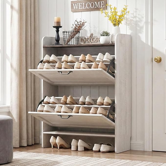 Shoe Storage Cabinet with 2 Flip Drawers and Adjustable Shelves, 31.5“W Farmhouse Hidden Shoe Storage, Narrow Shoe Cabinet Storage for Entryway, Hallway, Warm Grayish White