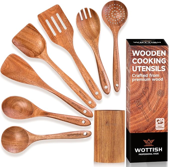 Wooden Spoons for Cooking - 8-Piece Wooden Kitchen Utensil Set made of Natural Solid Wood Material-Includes Spoons,Spatulas,Ladles,Mixing Spoon and Utensil Holder,Valentine's Day Gifts