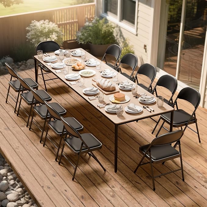18 Pack Black Folding Chairs with Padded Cushion and Back for Outside Portable Stackable Commercial Foldable Chairs with Steel Frame for Events Office Wedding Party, 350lbs Capacity