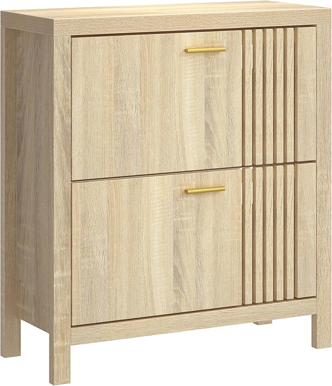 knoworld Shoe Storage Cabinet for Entryway with 2 Flip Drawers, 31.5" Narrow Fluted Shoe Organizer Cabinet, Slim Wooden Shoe Cabinet, Freestanding Hidden Shoe Cabinet for Entrance, Hallway (Natural)