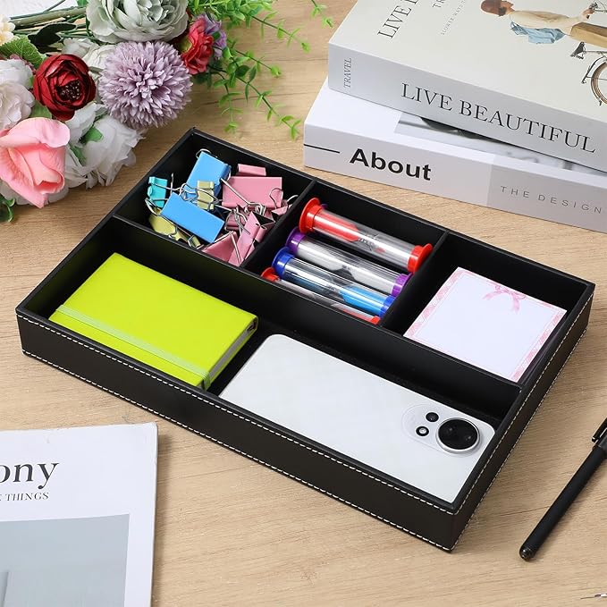 2 Pieces Leather Valet Tray Nightstand Drawer Organizer Stackable Jewelry Organizer For Drawer Key Wallet Sunglass Watch Coin Phone Bedside Dresser Top Tray Black
