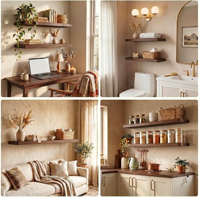 48 Inch Floating Shelves, Solid Wood Wall Shelves, 8 Inch Deep Floating Shelf – for Bathroom, Bedroom, Living Room, Kitchen, Home Decor & Storage, Heavy-Duty Wooden Shelf Wall-Mounted, Set of 1